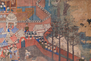 Painting art wall decoration of JAJA Krasip Rak or Poo Man Ya Man love romantic couple at Wat Phumin temple, Nan, Thailand. Famous tourist attraction. © tampatra