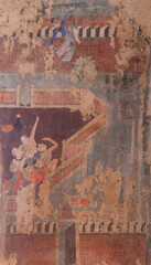 Painting art wall decoration of JAJA Krasip Rak or Poo Man Ya Man love romantic couple at Wat Phumin temple, Nan, Thailand. Famous tourist attraction. © tampatra