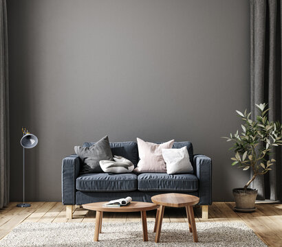 Home mockup in simple dark blue interior background, 3d render