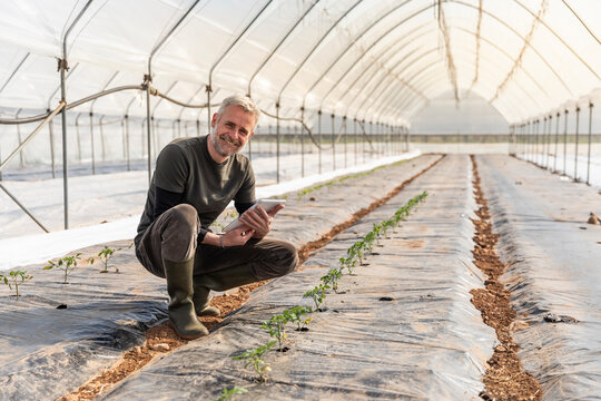 Smiling farmer using digital tablet in greenhouse
