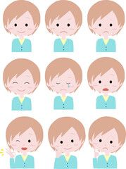 ショートカットの女の子イラスト表情9セット