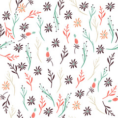 Cute hand drawn flowers on white background. Vector seamless pattern. Fashion print in bright colors.	