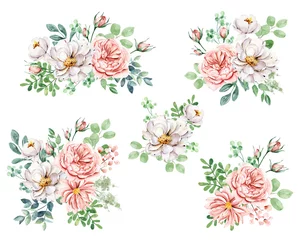 Outdoor kussens Set watercolor flowers hand painting, floral vintage bouquets with pink and white roses. Decoration for poster, greeting card, birthday, wedding design. Isolated on white background. © Larisa