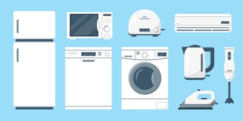 Household kitchen appliances set. Icons isolated on blue background. White refrigerator or fridge, washing and dishwasher machine, microwave, kettle, blender, iron and toaster. Vector illustration.