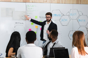 Businessman explaining strategy to colleagues in board room