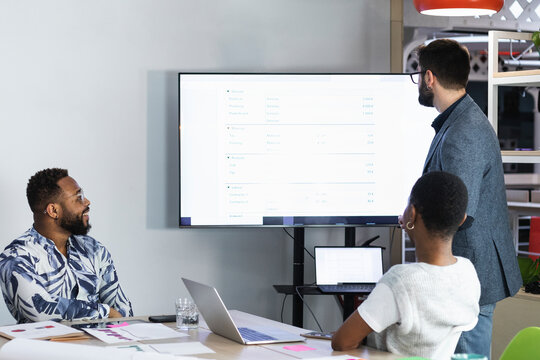 Entrepreneurs analyzing data over television while working in meeting