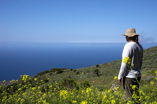 Male hiker looking at sea on sunny day