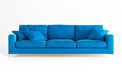 Fashionable comfortable stylish blue fabric sofa with wooden legs on white background. Scandinavian-style sofa, single piece of furniture. Soft bright couch with pillows Front view