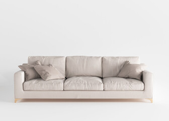 Fashionable comfortable stylish grey fabric sofa with wooden legs on light background. Fragment of interior with Scandinavian-style sofa, single piece of furniture. Front view couch with pillows