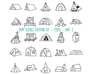 Set of linear icons of camping tents. Part 2