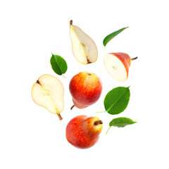 Flying red ripe juicy pear and green leaves isolated on white background. Sweet whole pears and sliced. Summer healthy organic fruits, harvesting. Creative composition with pears. Food concept