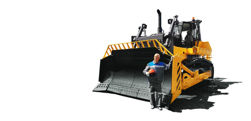 Yellow bulldozer with driver on white isolated background, industrial machines for minerals