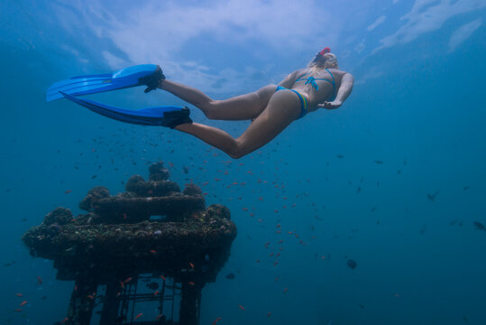Young woman diving near underwater temple in Java Sea