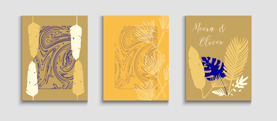 Abstract Asian Vector Cards Set. Minimal Olive Leaves Magazine Layout.