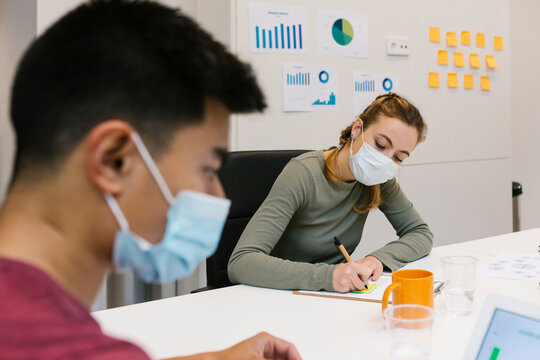 Male And Female Professional Wearing Protective Face Mask Working At Hot Desk In Coworking Office