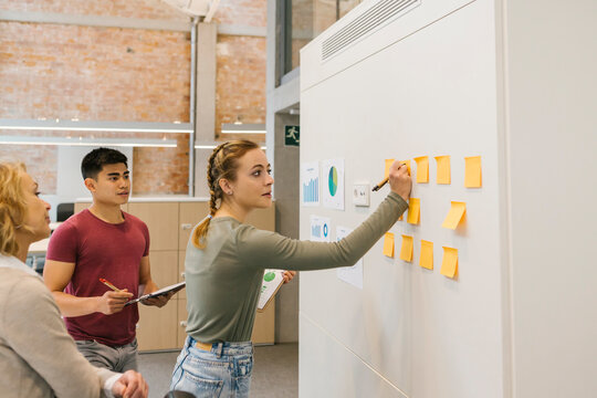 Businesswoman writing business strategy on adhesive notes by coworkers in office