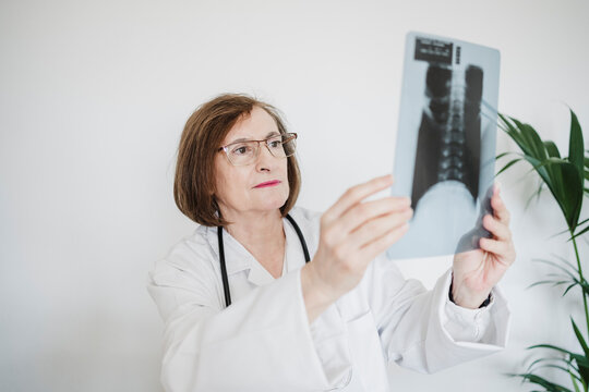 Female doctor examining x-ray image at clinic