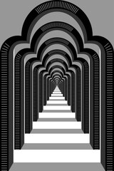 Abstract Black and White Geometric Pattern with Colonnade. Light and Shadow of Architectural Staircase. Raster. 3D Illustration