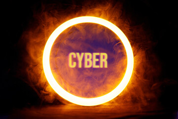 Sci Fi modern. Futuristic smoke. Neon color geometric circle with  inscription cyber on dark...