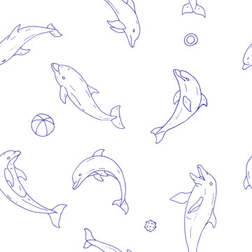 seamless pattern of dolphin images in doodle style