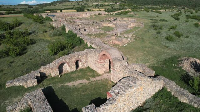 Aerial view of archaeological site, ruins of ancient town and church basilica, Bargala, Stip, Macedonia