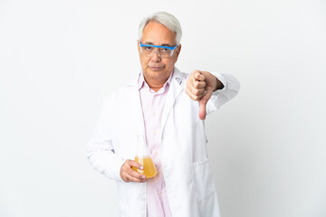 Middle age Brazilian scientific man scientific isolated on white background showing thumb down with negative expression