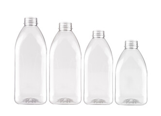 A group of identical plastic bottles of different sizes, isolated on a white background.
