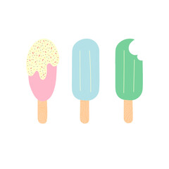 Set of three ice-creams in pastel colors. Flat organic illustrations with minimum details. Isolated on white background.