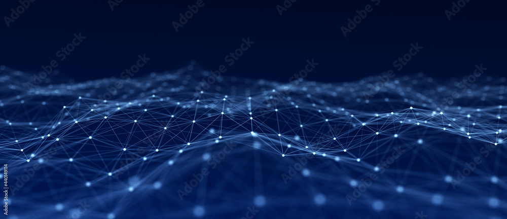 Poster abstract wave with moving dots and lines. flow of particles. cyber technology illustration. 3d rende