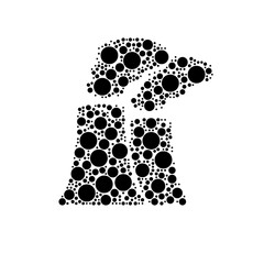 A large industrial pollution symbol in the center made in pointillism style. The center symbol is filled with black circles of various sizes. Vector illustration on white background