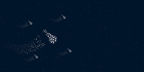 Fototapeta na wymiar A chicken's leg symbol filled with dots flies through the stars leaving a trail behind. There are four small symbols around. Vector illustration on dark blue background with stars