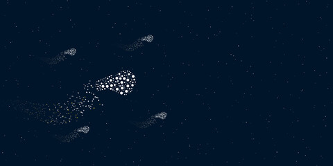 A sports whistle symbol filled with dots flies through the stars leaving a trail behind. There are four small symbols around. Vector illustration on dark blue background with stars