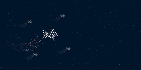Fototapeta na wymiar A gold fish symbol filled with dots flies through the stars leaving a trail behind. Four small symbols around. Empty space for text on the right. Vector illustration on dark blue background with stars