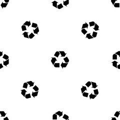 Seamless pattern of repeated black recycling symbols. Elements are evenly spaced and some are rotated. Vector illustration on white background