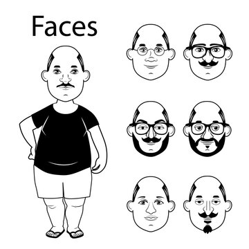 Fat and bald men for doodle videos. Cartoon characters with different faces.
Black and white vector image of a characters with different faces. Different men's faces for doodle videos. 
