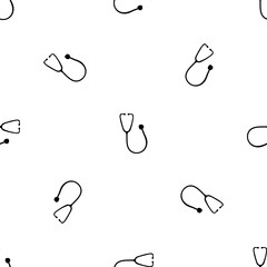 Seamless pattern of repeated black stethoscope symbols. Elements are evenly spaced and some are rotated. Vector illustration on white background