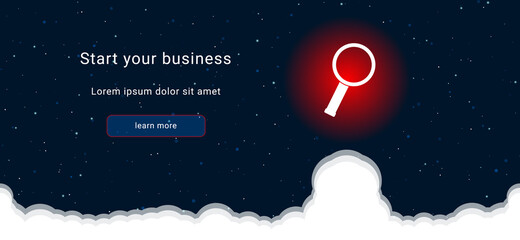 Business startup concept Landing page screen. The magnifier symbol on the right is highlighted in bright red. Vector illustration on dark blue background with stars and curly clouds from below