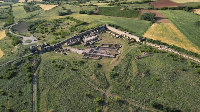 Aerial view of archaeological site, ruins of ancient town and church basilica, Bargala, Stip, Macedonia