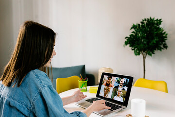 Female professional discussing during video conference through laptop in home office