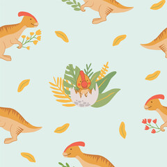 Cartoon baby dinosaurs seamless pattern. Flat, jurassic, wild animal in doodle style. Hand drawn childish Vector illustration on blue backgrond. Perfect for background, wrap paper, wall paper, fabric