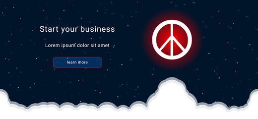 Business startup concept Landing page screen. The peace symbol on the right is highlighted in bright red. Vector illustration on dark blue background with stars and curly clouds from below