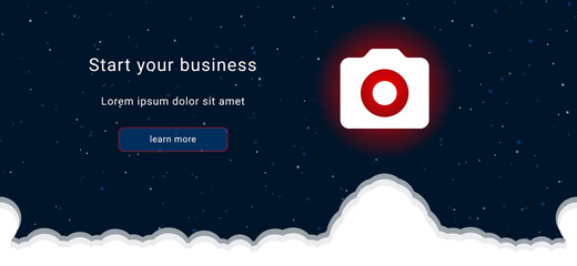 Business startup concept Landing page screen. The photo camera symbol on the right is highlighted in bright red. Vector illustration on dark blue background with stars and curly clouds from below
