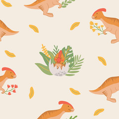 Cartoon baby dinosaurs seamless pattern. Flat, jurassic, wild animal in doodle style. Hand drawn childish Vector illustration on beige backgrond. Perfect for background, wrap paper, wall paper, fabric