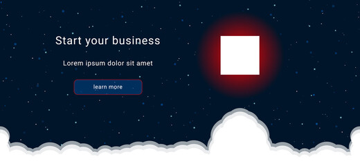Business startup concept Landing page screen. The rectangle on the right is highlighted in bright red. Vector illustration on dark blue background with stars and curly clouds from below