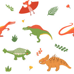 Cartoon dinosaurs seamless pattern. Flat, jurassic, wild animal in doodle style. Hand drawn childish Vector illustration on white background. Perfect for background, wrap paper, wall paper, fabric