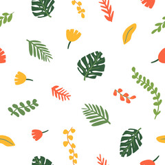 Cartoon seamless pattern with tropical leaves. Flat botanical background. Hand drawn floral texture. Vector illustration on white background. Perfect for background, wrap paper, wall paper, fabric