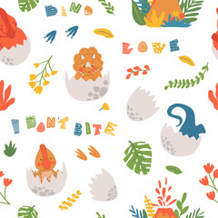 Cartoon dinosaurs seamless pattern. Flat, jurassic, wild animal in doodle style. Hand drawn childish Vector illustration on white background. Perfect for background, wrap paper, wall paper, fabric