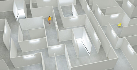 Man lost in white illuminated maze