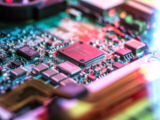 Inside of computer hardware showing chips and circuit board