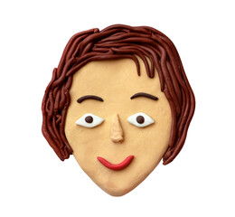 Portrait of cheerful human with short brown hair, simple classic hairstyle, brown eyes and smiling red lips. Handmade plasticine artwork for design, card, sticker. Isolated object on white background.